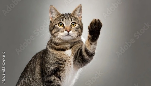 Fototapeta Charming Photo of a Cat Giving a High Five Isolated on White Background â€“ Adorable Gesture of Feline Playfulness Perfect for Pet Enthusiasts and Animal-Lovers Alike