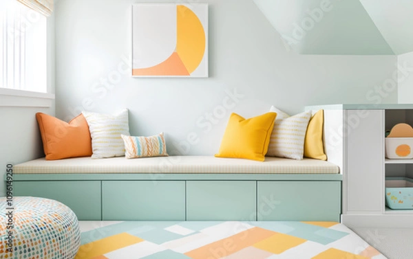 Fototapeta vibrant kids playroom featuring colorful decor, cozy seating, and playful patterns creates cheerful atmosphere for fun and creativity