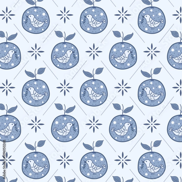 Fototapeta Traditional blue Christmas pattern in folk art style with orange fruit, bird motifs and snowflakes in symmetrical geometric grid. Monochrome festive tile background for gift wrap and scrapbooking.