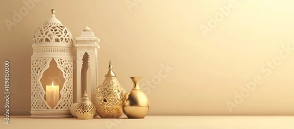 Fototapeta Luxurious Collection of Gold Accent Decor on Beige Background with Intricate White Lantern and Two Small Vases