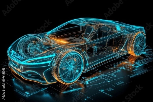 Fototapeta Futuristic digital illustration of a car in side view, outlined in blue and orange on black background.