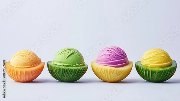 Fototapeta Ice cream served in hand-carved fruit bowls, meal design, playful culinary innovation