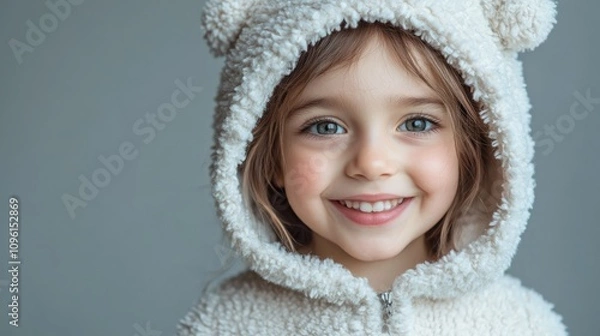 Fototapeta Joyful child in cozy teddy bear costume smiling brightly against a soft gray backdrop, exuding a playful and festive Halloween spirit.