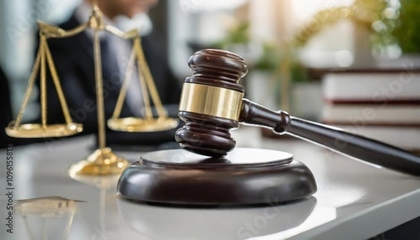 Fototapeta Close-up of a Gavel on a Judgeâ€™s Desk Representing Legal Proceedings, Court Trials, Justice System Decisions, and Symbolic Aspects of Law, Order, and Judicial Processes