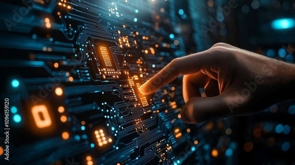 Fototapeta Futuristic interface with glowing circuit board and hand pressing button, depicting technology and connectivity in server room setting.