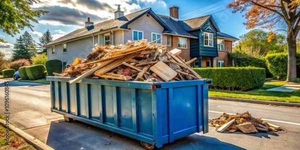 Fototapeta Suburban Driveway with Long Blue Dumpster Overflowing with Wood and Debris, Perfect for Renovation or Cleanup Projects, Captured in a Bright and Clear Daylight Setting