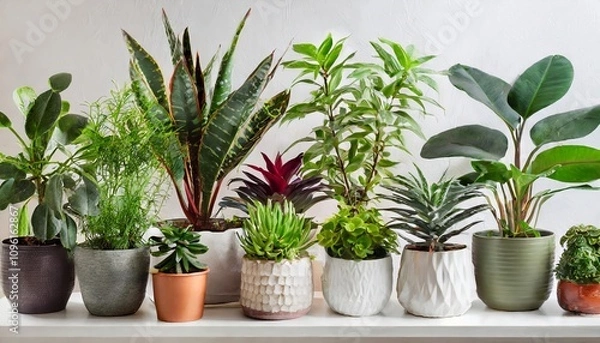 Fototapeta A curated collection of diverse houseplants, artfully arranged in modern ceramic pots, captured on a transparent background. Perfect for design, presentations, and creative projects.