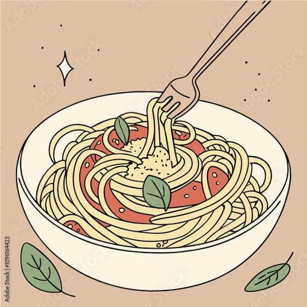 Fototapeta Spaghetti with tomato and basil illustrated in a vector style, showcasing vibrant colors and a delicious presentation.