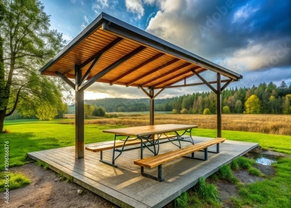 Obraz Tranquil Picnic Table Under a Metal Roof Shelter with Protective Walls for Outdoor Gatherings, Ideal for Enjoying Nature in Comfort and Style Without Worry of Wind or Rain