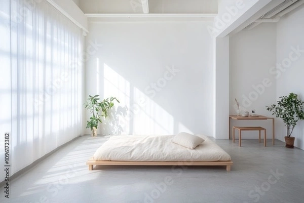 Fototapeta A minimalist bedroom with natural light, a bed, and plants creating a serene atmosphere.