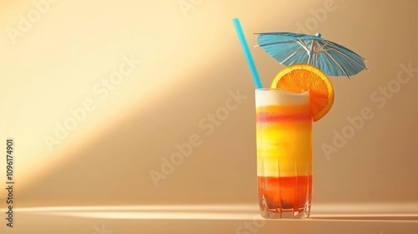 Fototapeta Colorful layered cocktail in a tall glass adorned with a blue umbrella and an orange slice, beautifully presented against a minimalist background.