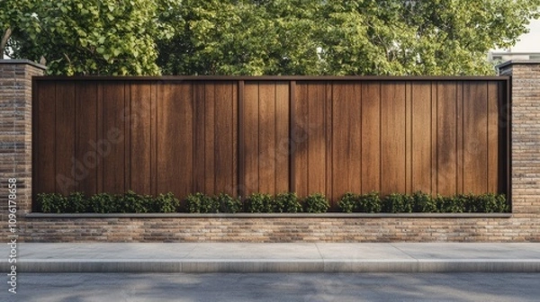 Fototapeta Modern Wooden Fence Design with Brick Base and Green Shrubs