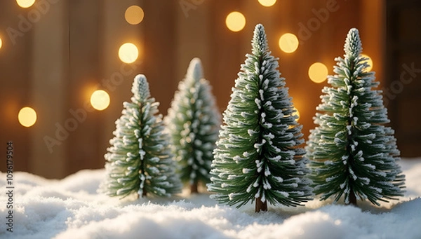 Fototapeta Golden-Lit Indoor Holiday Scene with Mini Trees