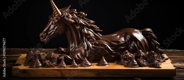 Fototapeta Chocolate unicorn sculpture art piece displayed on a wooden tray with chocolate confections in a dark setting for gourmet delicacies
