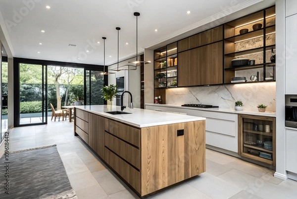 Fototapeta Modern Kitchen Design Featuring Light Wooden Island, White Countertop, and Black Faucet in Open-Concept Living Space