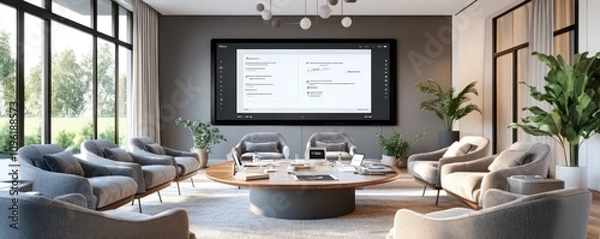 Fototapeta Modern conference room with a large screen and comfortable seating.