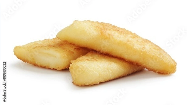 Fototapeta Crispy golden potato wedges stacked against a clean white backdrop showcasing their crunchy texture and delicious appeal.