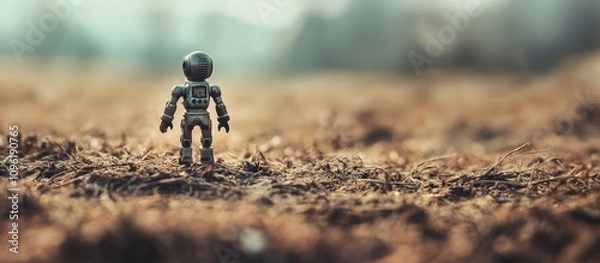 Fototapeta Toy astronaut figure in out of focus brown grass landscape with soft background creating a whimsical and adventurous atmosphere