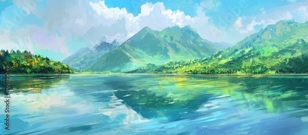 Fototapeta Vibrant Rainbow Lake surrounded by lush green mountains under a bright blue sky reflecting in the tranquil water's surface
