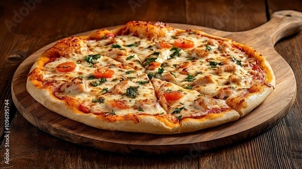 Fototapeta Delicious Fresh Pizza with Toppings on Wooden Platter