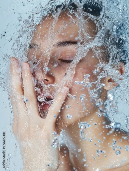 Fototapeta Soft-focused image of a person rinsing face, water splash effects frozen in motion, bright studio setting