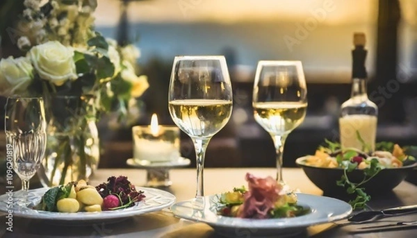 Fototapeta Luxurious Fine Dining Scene with Wine Glass and Gourmet Appetizers on Bar Table in Elegant Restaurant Setting, Captured Under Soft, Ambient Light for a Sophisticated Atmosphere