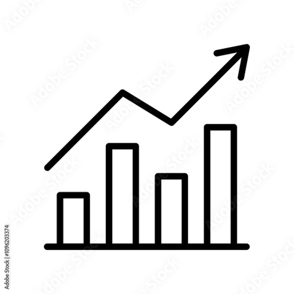 Fototapeta Black single arrow growing up chart graph bars line icon, success graph trending upwards flat design interface infographic element for app ui ux web button, vector isolated on white background