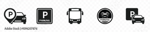 Fototapeta Parking signs with different shapes icon set, Car parking sign. Road signs, urban transportation, street, Parking traffic sign and parking map pin Outline icon style. vector illustration.