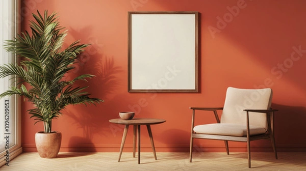 Obraz A cozy corner featuring a rattan chair and table against a vibrant orange wall with indoor plants