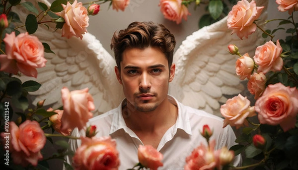 Fototapeta Serene portrait of a man with angelic wings surrounded by blooming roses. Evokes feelings of peace, beauty and spirituality. Ideal for themes of fantasy or tranquility. Generated AI