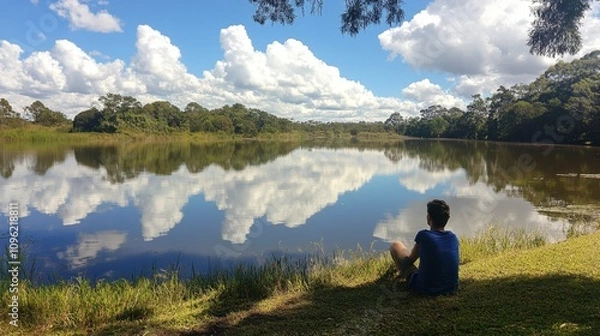 Fototapeta Tranquil Reflection by the Lake: A Person Enjoying Nature Amidst Serene Waters and Lush Greenery Under Bright Blue Sky with Fluffy White Clouds