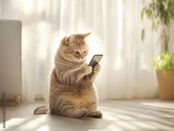 Fototapeta Cute Cat Using Smartphone