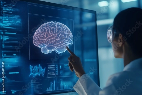 Fototapeta Scientist pointing at 3D digital brain model on a monitor. Advanced medical technology for neuroscience research and diagnostics. Visualization of brain anatomy and data analysis