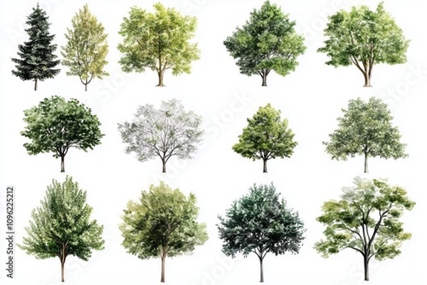 Fototapeta Various green trees, bushes and shrubs, top view for landscape design plan. Vector watercolor illustration, isolated on white background.