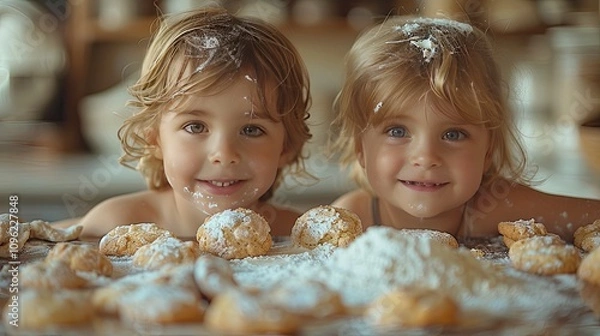 Fototapeta Children have fun making cakes in a bright kitchen, with flour and ingredients scattered around, and happy, messy faces.
