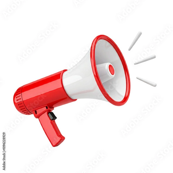 Fototapeta Red and white 3D megaphone with waves coming out indicating sound emission