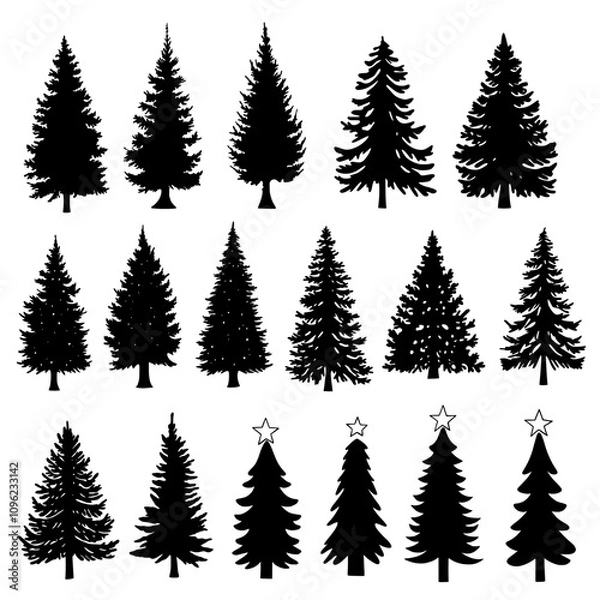 Fototapeta Set of Christmas pine tree silhouette isolated on white background. Forest tree vector illustration. Set of black christmas tree icons on white background.  Isolated vector xmas Icons and Illustration