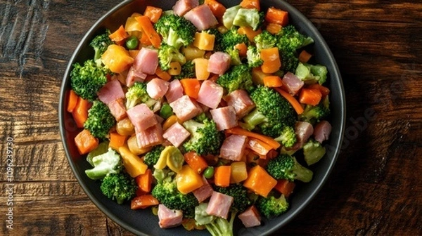 Obraz Aerial view of a vibrant summer salad featuring sautÃ©ed vegetables, broccoli, and diced ham displayed on a rustic wooden table.