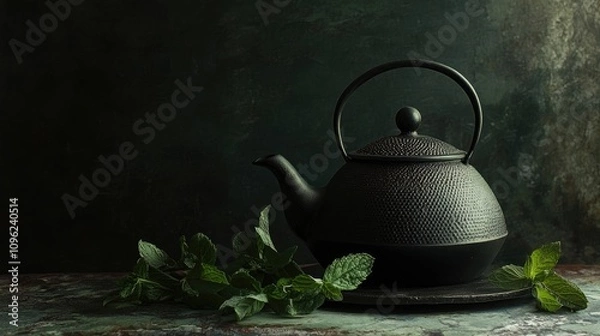 Fototapeta Elegant black iron teapot adorned with intricate patterns, resting on a dark backdrop, surrounded by vibrant fresh mint sprigs, perfect for tea brewing moments.