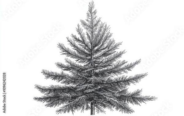 Fototapeta A vector graphic of a fir tree in the style of engraving, featuring intricate details of branches and needles, depicted in monochrome on a white background 