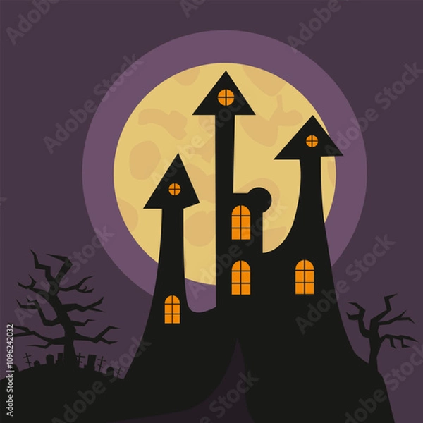 Obraz black castle at night with a full moon