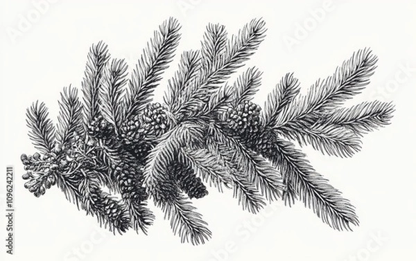 Fototapeta A vector graphic of a fir tree in the style of engraving, featuring intricate details of branches and needles, depicted in monochrome on a white background 