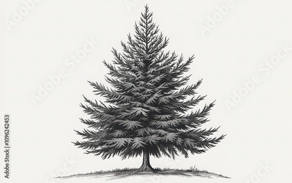 Fototapeta A vector graphic of a fir tree in the style of engraving, featuring intricate details of branches and needles, depicted in monochrome on a white background 