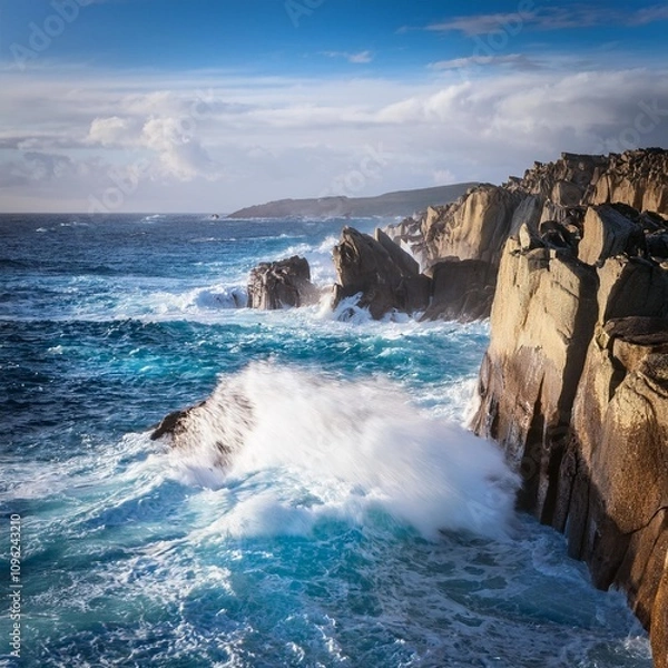Fototapeta ocean waves crashing against rugged rocky cliffs
