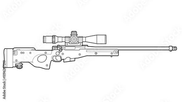 Fototapeta line art upgraded l96 multi-caliber rifle with optical sight on a white background