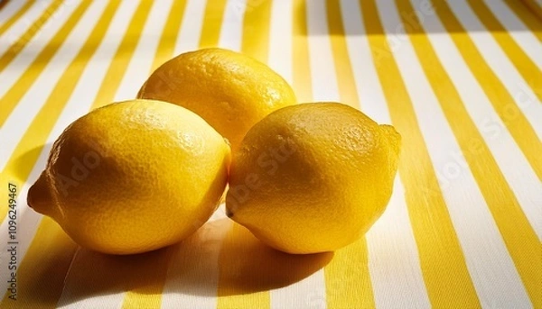 Fototapeta three lemons piled on yellow striped white background in sunlight