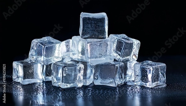 Fototapeta pile of crystal clear ice cubes on black background