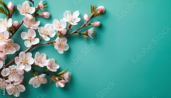 Fototapeta pretty spring cherry blossom branches on turquoise background simple design background