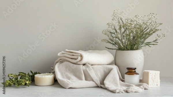 Obraz Natural spa items like linen fabrics, soap, and plants arranged on a gray background surface, AI Generative