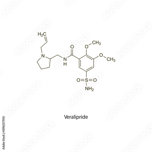 Fototapeta Veralipride flat skeletal molecular structure Antipsychotic drug used in schizophrenia treatment. Vector illustration scientific diagram.